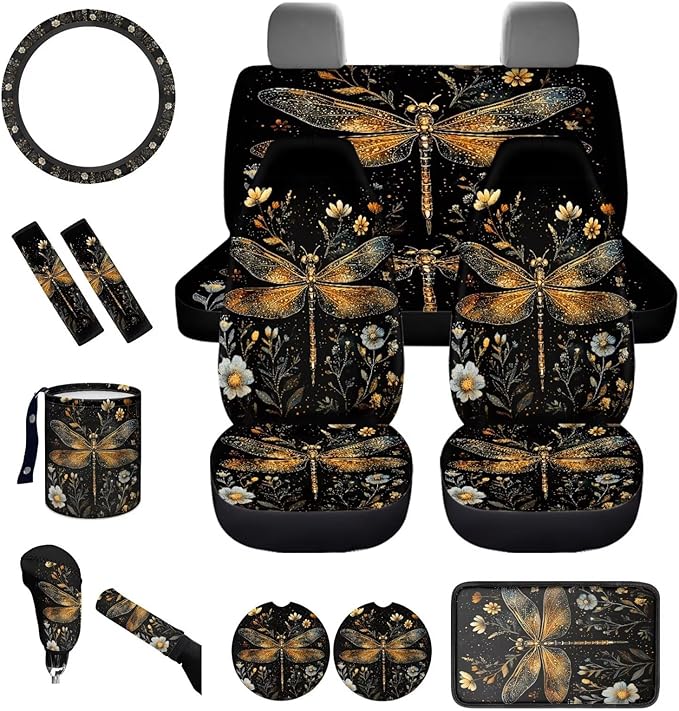 Dngkaoje Art Dragonfly Car Seat Accessories Full Set 13 Pcs Dragonfly Print Car Seat Covers Set for Front Back,Universal Auto Accessories with Hanging Vehicle Trash Bin,Seatbelt Pads,Armrest Pad