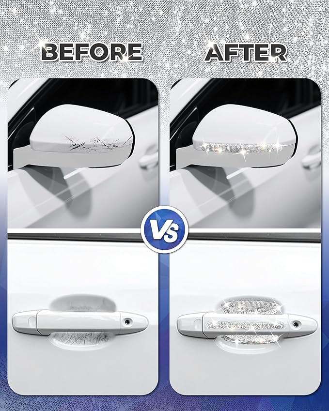Bling Car Door Handle Protector, 10 PCS, White Sparkling Rhinestone Cars Door Protective Cover, Anti-Scratch Auto Handles Sticker, Universal Bling Car Accessories for Women