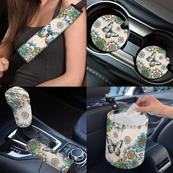 Dngkaoje Boho Butterfly Car Seat Covers Full Set for Front and Rear 13 Pack Vintageul Butterfly Auto Interior Accessories Set Womens Center Console Cover,Hanging Trash Bag,Seatbelt Shoulder Pads
