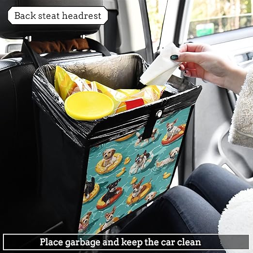 Car Trash Can Organizer Bin with Adjustable Strap for Back Front Seat Console Waterproof Leakproof Collapsible Portable 8.66 Inch Teal Swimming Pool Dogs and Ducks
