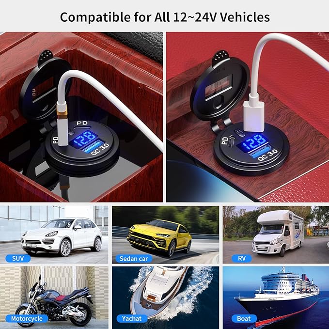 2 Pack 12V USB Outlet Wire Charger Multi Port, 108W Dual PD & QC 3.0 Car Port Socket with Power Switch, USB C Cigarette Lighter Replacement 12 Volt Socket with Voltmeter Waterproof for Marine Boat RV
