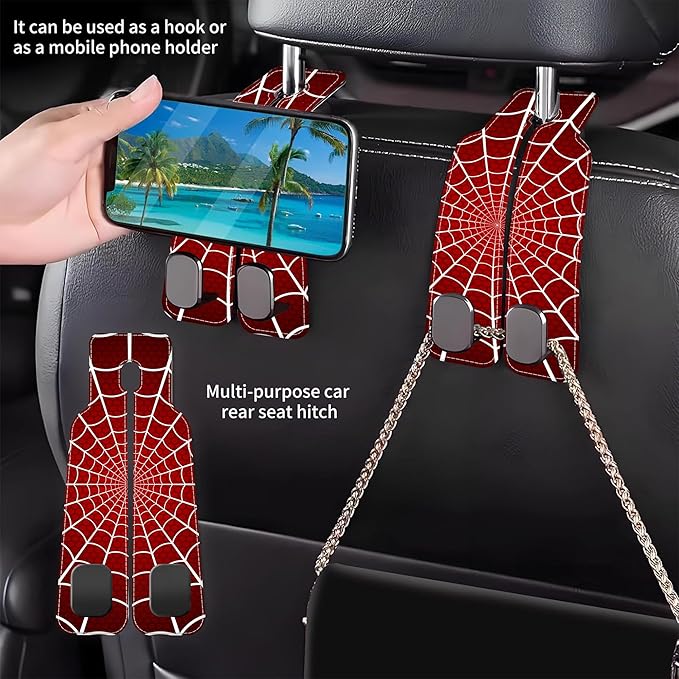 AEWNUNK 1 Pack Purse Hook for Car Red and White Spider Web Headrest Back Seat Hook Premium Leather Double Metal Hanger Storage Pack Bag Purse Holder Car Accessories