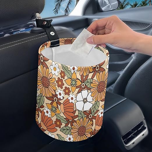 Car Trash Can with Hanging for Back Seat, Car Accessories for Women Men Automotive Garbage Cans Vehicle Trash Can for Truck SUVOrange Hippie Floral