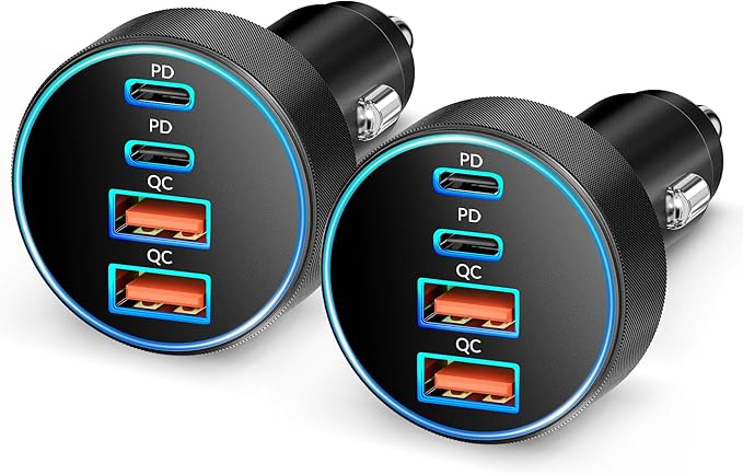 Car Charger USB C, 2 Pack 4-Port 90W Fast Charging Car Phone Charger Accessories Dual USB-C & USB-A Cargador Carro Cigarette Lighter Adapter for iPhone 17 16 15 14 13 12, iPad, Galaxy, Tablet, Android