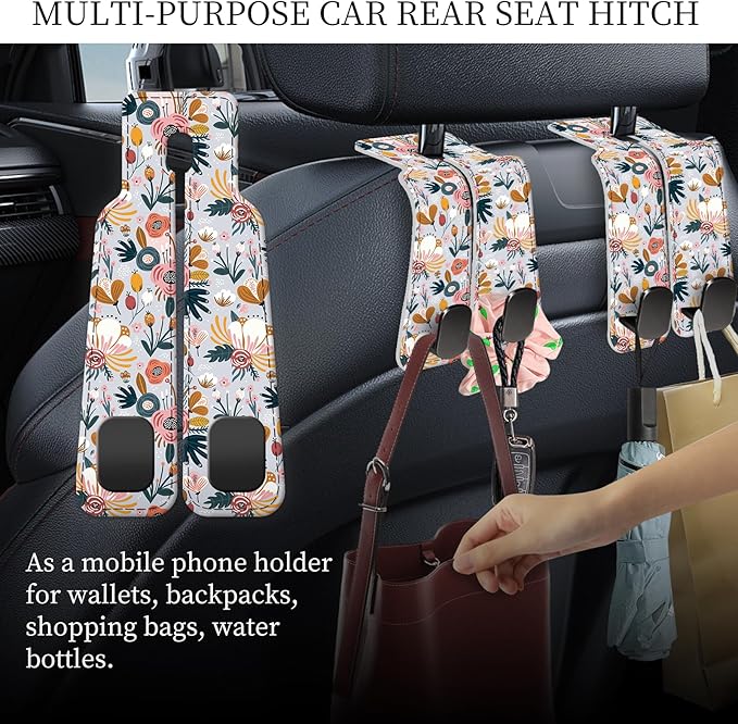 AXRQLSU PU Leather Car Seat Hook, Storage Headrest Hanger, Cute Car Backseat Organizer, Car Hooks For Purses and Bags White Cute Floral