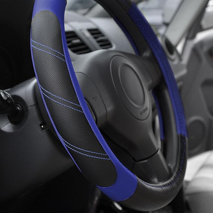 Elantrip Steering Wheel Cover Leather 14 1/2 to 15 inch Universal Padded Soft Grip Breathable for Car Truck SUV Jeep Anti Slip Blue and Black