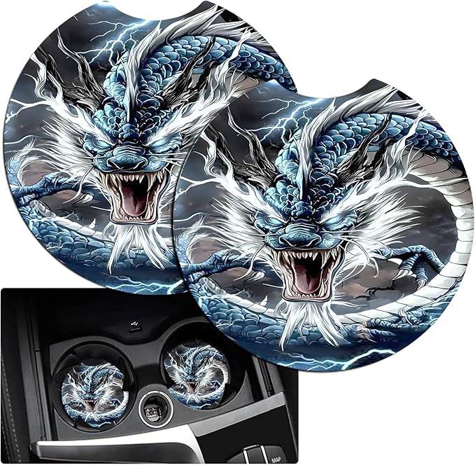 JANENFNA Car Armrest Cover Pads Universal Fashion Cute Auto Center Console Armrest Cover Pad with 2PCS Car Coasters Soft Waterproof Car Armrest Seat Protector for Women,Thunder Dragon-A