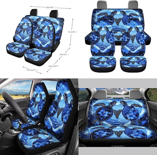 10 Pcs Car Seat Covers Full Set Interior Sets, Sea Turtle Flower Printed High Back Car Front Rear Seat Cover with Steering Wheel Cover Keychain Coaster Trash Can Air Vent Storage Bag
