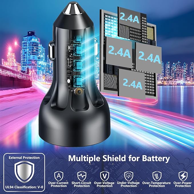 USB Car Carplay Charger, Rombica 4-Port 4.8A USB Car Power Adapter, 4 in 1 48W Fast Charging Cigarette Lighter for iPhone 17 17 Pro Max 16 15 14 13 12 11 Pro, Galaxy S26 S25 S24 S23, Pixel, iPad Pro