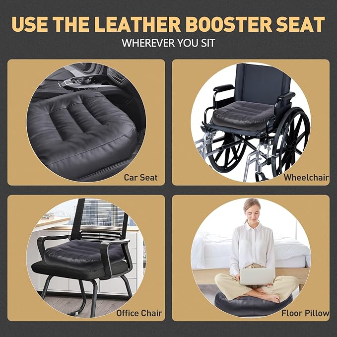 Booster Car Seat Cushion, Thick Leather Car Seat Cushion Pad for Adult to Raise Height, Portable Backless Car Seat Pillow with Handle for Trucks Driving, Suvs, Office Chairs, Wheelchairs (Gray)