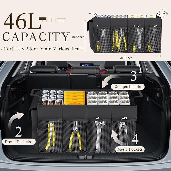 Beicarin Car Trunk Organizer Storage Box - Collapsible Car Boot Organizer Tidy Cargo Storage Box Accessories for SUV, MPV, Van, Size M, Black