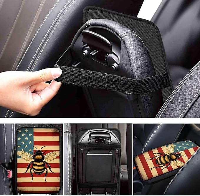 Car Center Console Pad, Universal Waterproof Car Armrest Seat Box Cover, Car Interior Accessories for Most Vehicle SUV Truck Vintage American Flag Bee Car Armrest Pad