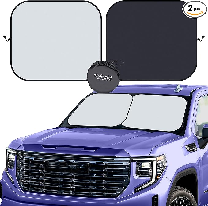 kinder Fluff Windshield Sunshade| Reflective Patented Car Sun Protection - Certified 99% UVR Block - Cool Interior |Foldable 2-Piece Sun Cover | Automotive Accessories for Summer Heat | X-Large Size