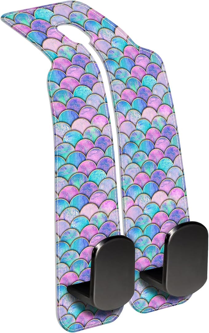 Car Headrest Purse Hanger Watercolor Mermaid Fish Scale 1 Pack Bag Purse Holder for Car Premium Leather Double Metal Hook for Handbags, Grocery Bags and Phones