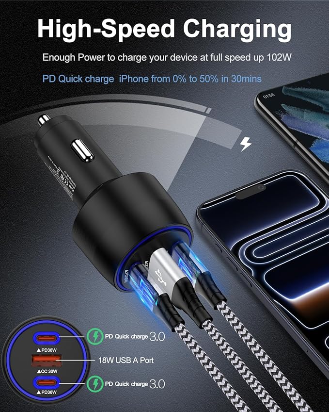 USB C Car Charger, 3-Port Super Fast Charging Cigarette Lighter Adapter for iPhone 17 Pro/Air/16/15/14/13/iPad, USBA & USBC Multiport Car Phone Charger Accessories for Samsung S25/S24 FE/S23/S22/A17