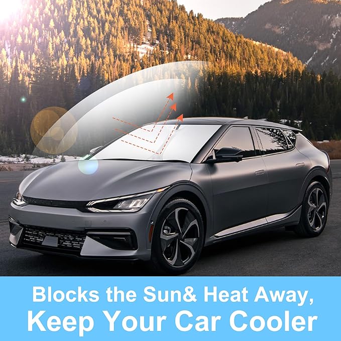 Windshield Sun Shade Custom Fit for 2022 2023 2024 2025 Kia EV6 Accessories Foldable Sunshade Sun Blocker Protect Car from Sun Rays & Heat Damage Keep Car Cooler