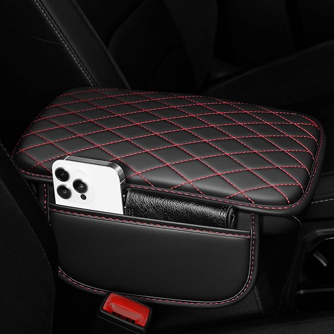 Car Armrest Cover Fit for Acura RDX Leather Center Console Cover Cushion with 2 Storage Bags(Black&Redline)