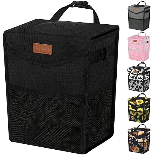 Car Trash Can with Lid, Cute Leakproof Car Trash Garbage Bag Hanging Vehicle Trash Bin Small Portable Automotive Garbage Cans Organizer for Back/Front Seat(4 Gallons,Black)