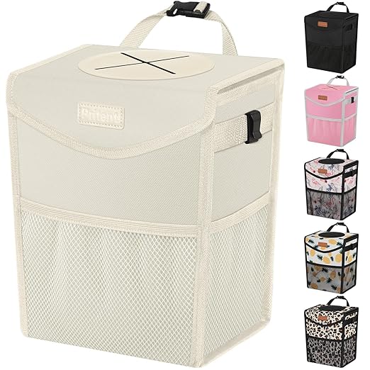 Pritent Car Trash Can with Lid, Cute Leakproof Car Trash Garbage Bag Hanging Vehicle Trash Bin Small Portable Automotive Garbage Cans Organizer for Back/Front Seat(Trapezoid,Ivory