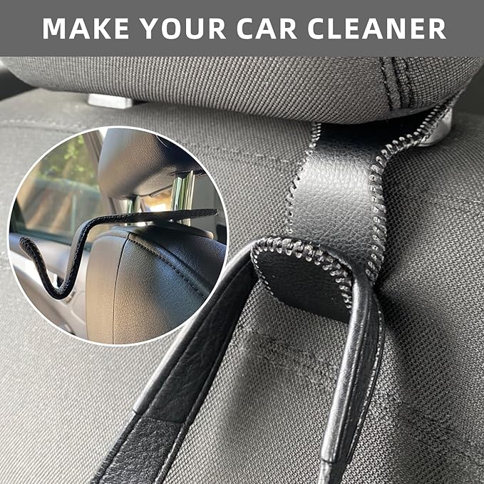 Etre Jeune 4 Pack Car Purse Hook, Leather Car Headrest Holder Hooks for Hanging Purses and Bags and Coats, 4Pack Black