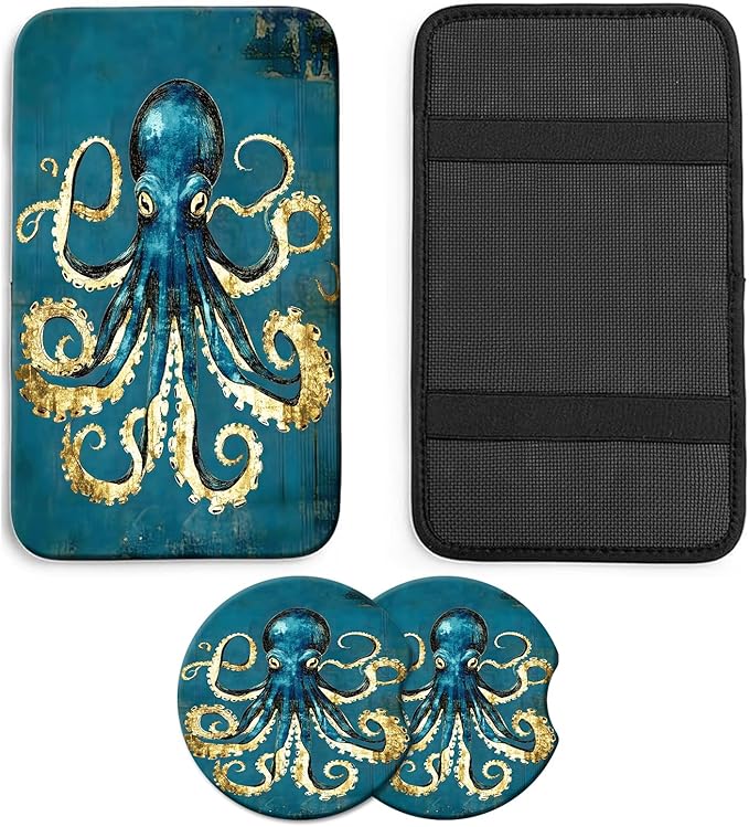 JANENFNA Car Armrest Cover Pads Universal Fashion Cute Auto Center Console Armrest Cover Pad with 2PCS Car Coasters Soft Waterproof Car Armrest Seat Protector for Women,Blue Gold Octopus