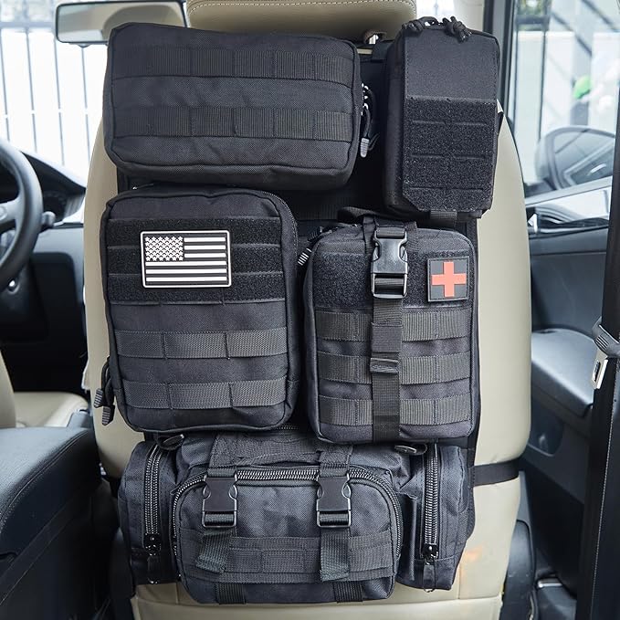 Universal Tactical Car Seat Back Organizer Bag Tactical Molle Vehicle Organizers Panel Gear Accessories with 5 Different Size Molle Pouches for Car Truck Ford Jeep Vehicle (A style-Black)