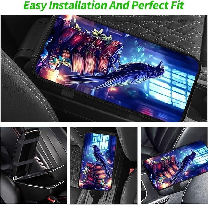 JANENFNA Car Armrest Cover Pads Universal Fashion Cute Auto Center Console Armrest Cover Pad with 2PCS Car Coasters Soft Waterproof Car Armrest Seat Protector for Women,Crow Standing on Books