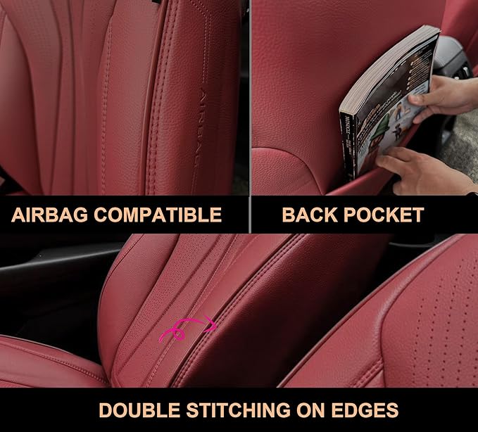 PINCTROT Car Seat Covers Front Set, Breathable Soft Pebbled Leather, Luxury Waterproof Seat Cushion, Airbag Compatible, Seat Protector Universal Fit Most Cars (Front Set, Wine Red)