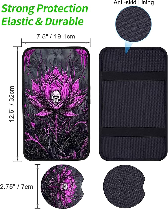 JANENFNA Car Armrest Cover Pads Universal Fashion Cute Auto Center Console Armrest Cover Pad with 2PCS Car Coasters Soft Waterproof Car Armrest Seat Protector for Women,Pink Flower Skull