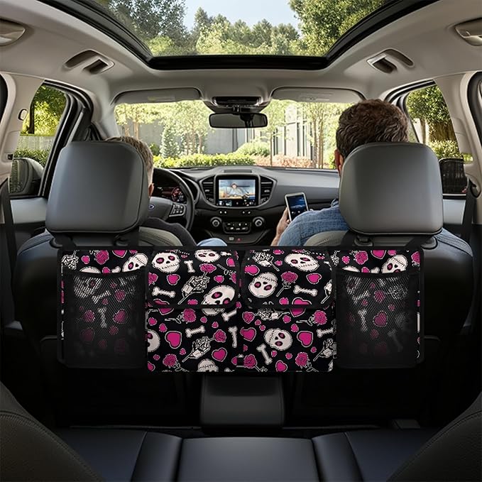 CLOHOMIN Skull Auto Truck Organizer Pink Heart Car Rear Seat Back Storage Bag for Women Collapsible Hanging Pocket Organizer with 4 Pockets Car Interior Accessories