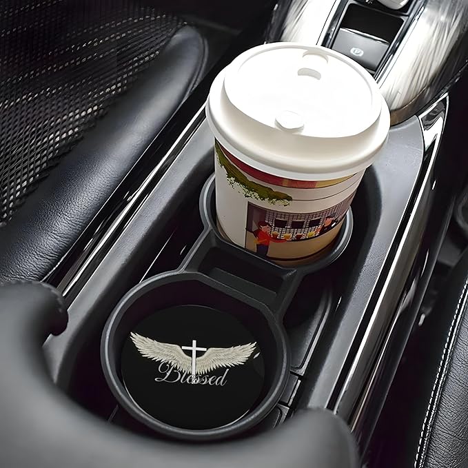 HUWAAI Blessed Cross Wing Car Cup Holder Coasters 2 Pack Universal 2.63 Inch Anti Slip Ceramic Absorbent Coaster with Cork Base and Finger Notch Cute Car Accessories Interior for Women