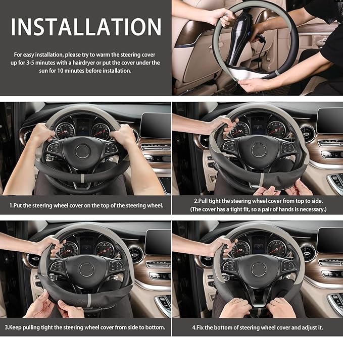 COFIT Breathable Car Steering Wheel Cover 16 inch Auto Universal Leather Wrap Non-Slip Steeringwheel Protector Automotive Interior Accessories, Grey (Suit for 15.5-16 inch)