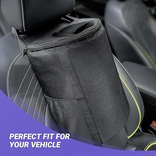 INFIVITA Car Trash Can – Premium Adjustable Strap & Bottom Hook Design with Convenient Top Opening and Bag Storage Pocket