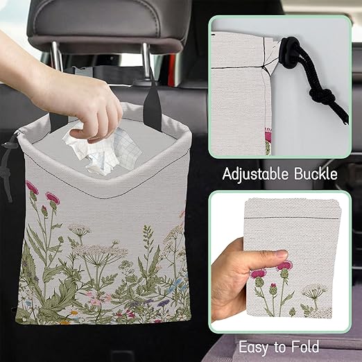 NHNXHWIA Wild Flowers Car Garbage Bag,Botanical Herbs Waterproof Small Car Trash Bag Hanging Back of Seat,Drawstring Hanging Car Trash Bag with Adjustable Buckle for Car Accessories