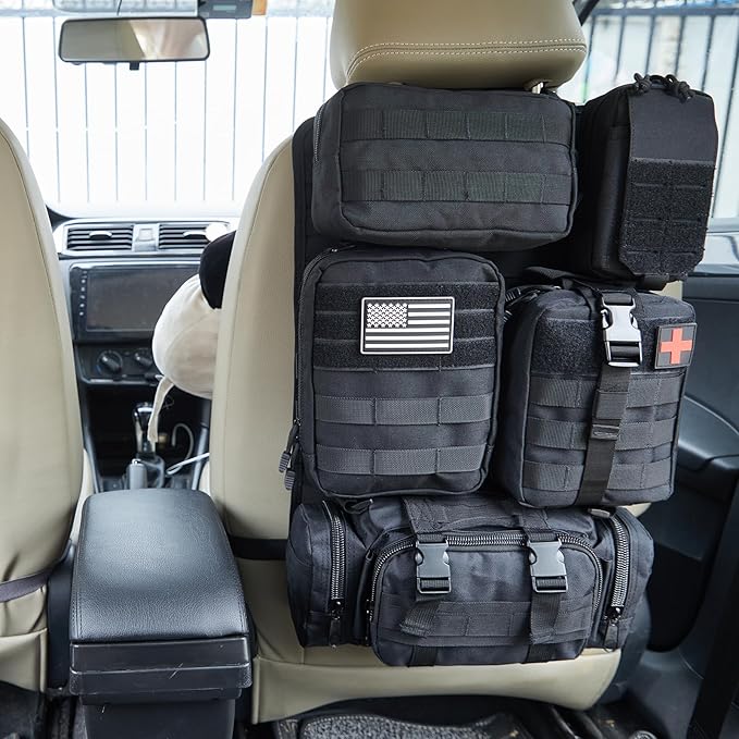 Universal Tactical Car Seat Back Organizer Bag Tactical Molle Vehicle Organizers Panel Gear Accessories with 5 Different Size Molle Pouches for Car Truck Ford Jeep Vehicle (A style-Black)