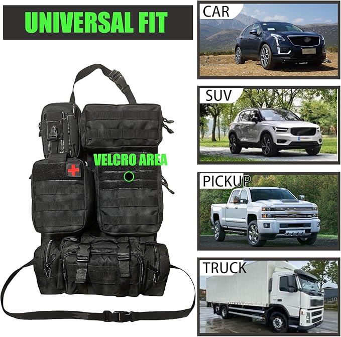 MEAUTELE Tactical Car Seat Back Organizer With 5 Detachable Pouches Upgrade Tactical Molle Vehicle Panel Organizer Universal fits for Most of Car Truck Ford Jeep Vehicle