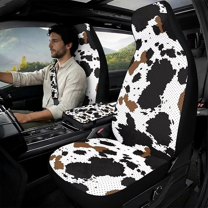 Oramclsy Cow PU Breathable Car Seat Covers Full Set with Armrest Pad PU Breathable Seat Belt Cover 5 Pack Set Accessories Universal SUV Truck