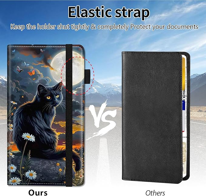 Qindaiwen Car Registration and Insurance Holder, Vehicle Card Document Elastic Band Closure Glove Box Organizer, Driver License Cards, Car Accessories for Essential Info, Cat Moon 02