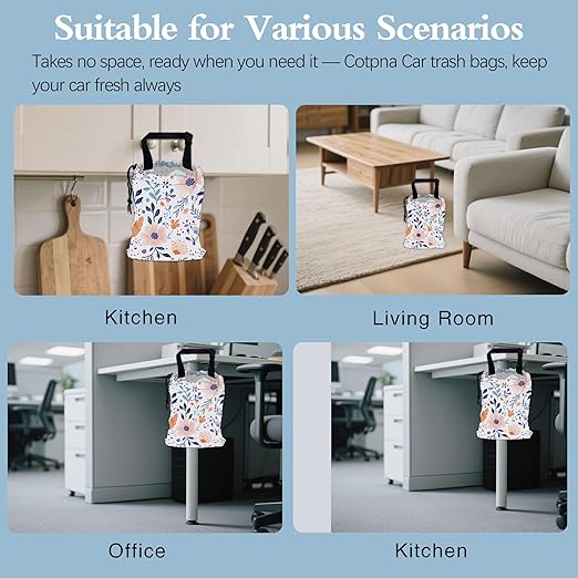 Spring Floral Car Garbage Bag,Watercolor Leaves Small Car Trash Bag Hanging,Drawstring Car Garbage Bag with Adjustable Buckle for Car Back Seat,SUVs,Camping,Road Trips
