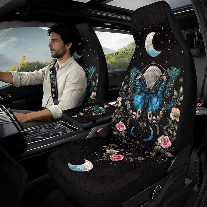 Qeluxign PU Leather Car Seat Cover Butterfly Moon Floral Set of 5 Auto Accessories 2 Front Bucket Seat Covers, 2 Seatbelt Pads & 1 Armrest Cover, Easy to Install