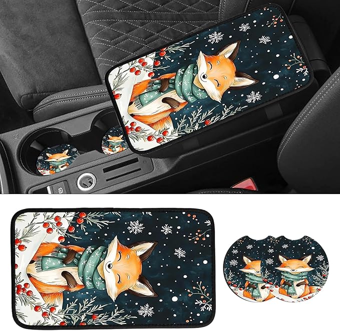 JANENFNA Car Armrest Cover Pads Universal Fashion Cute Auto Center Console Armrest Cover Pad with 2PCS Car Coasters Soft Waterproof Car Armrest Seat Protector for Women,Winter Fox