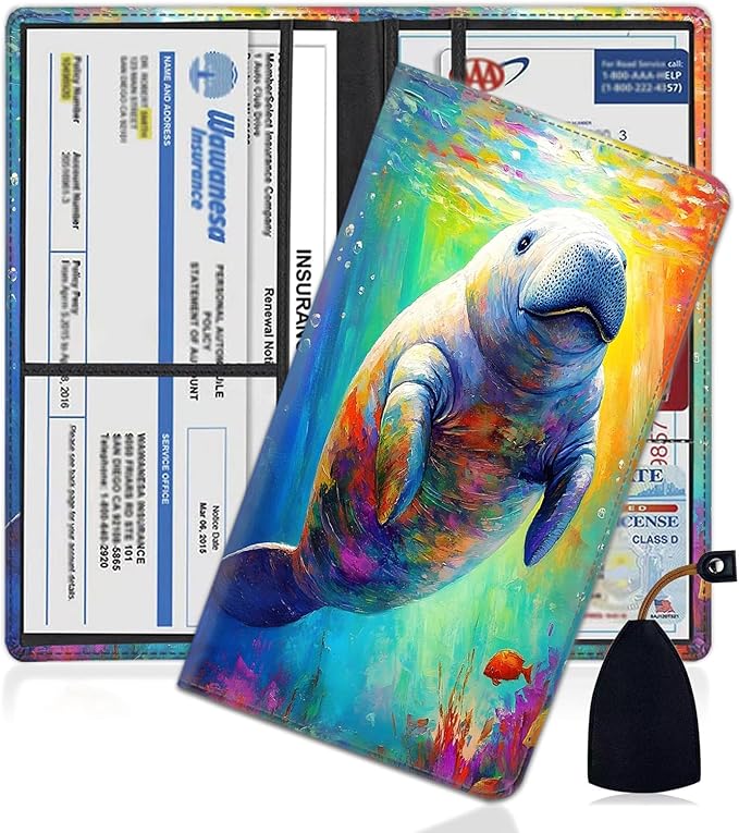Car Document Holder with Magnetic Shut, Car Registration and Insurance Card Holder, Vehicle Glove Box Organizer Documents, Driver License, Auto Paperwork Organizer Wallet, Colorful Seal In The Seabed
