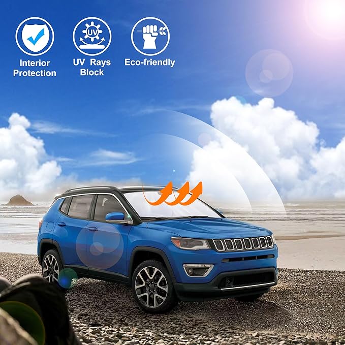 Windshield Sun Shade Custom Fit for 2017-2024 Jeep Compass Accessories Foldable Sunshade Sun Blocker Protect Car from Sun Rays & Heat Damage Keep Car Cooler