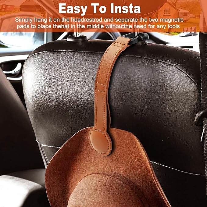2 Pack Cowboy Hat Holder for Truck, Leather Magnetic Cap Clip, Truck Car Seat Hat Organizer Accessories for Men and Women, Suitable for Car, SUV, Pickup Seat Back Headrest Hat Clip Storage (Brown)