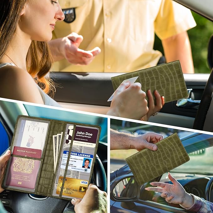 Car Registration and Insurance Holder, Olive Green Vehicle Glove Box Car Organizer with Magnetic Closure for Documents, Cards, License Car Organization, 1 Pack