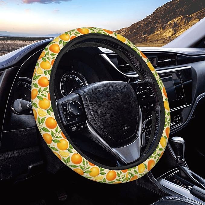 FeHuew Watercolor Oranges Leaves Steering Wheel Cover for Women, Girls 15 inch Universal Auto Car Anti Slip Wrap Steering Wheel Covers Fit for Vehicles, Truck, SUV
