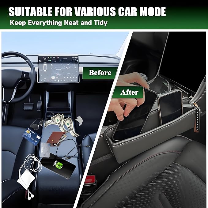 AIUSLN 2026 Upgraded 2 PC(L+R) Premium Leather Car Seat Gap Filler Organizer, Car Seat Gap Plug with Storage Slot Cup Holder Gap Bag Front Seat for Phone Glasses Keys Car/SUV/Truck Christmas Gifts