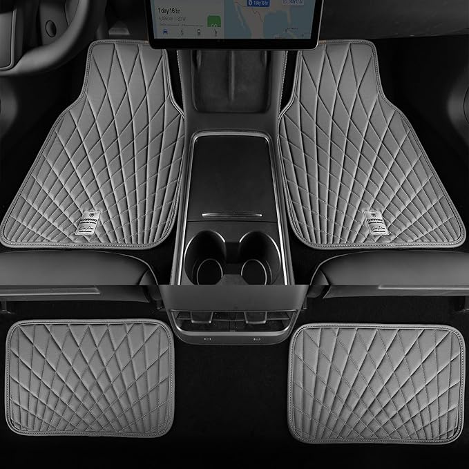 CAR PASS Luxury Faux Leather Floor Mats for Cars, Waterproof All Weather Car Mats Full Set, Anti-Slip Deluxe Automotive Floor Mats Universal Fit for Most SUV,Vans,Sedans,Trucks, 4 Piece Gray