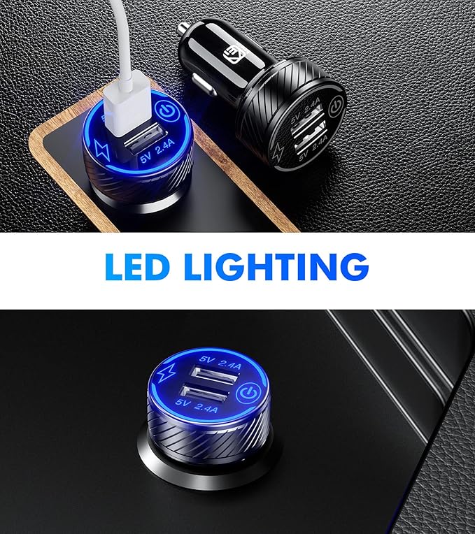 【2Pack】 USB Car Charger, Dual USB Port Cigarette Lighter Adapter, 5V/4.8A Charge Car Phone Charger with Blue LED & Touch Switch