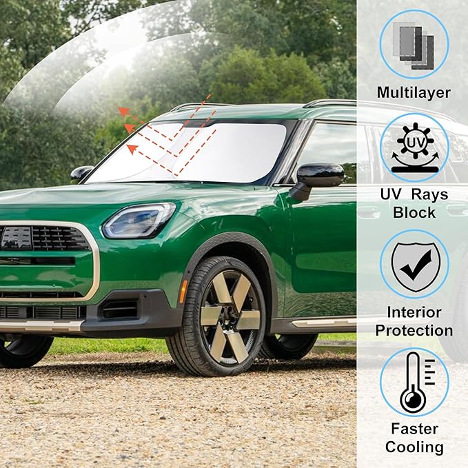 Windshield Sun Shade Custom Fit for 2017-2024 2025 Mini Countryman Cooper F66 SUV Accessories Foldable Sunshade Sun Blocker Protect Car from Sun Rays & Heat Damage Keep Car Cooler